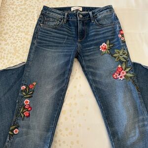DRIFTWOOD Blue Boot Cut Jeans with Pink Floral Embroidery
